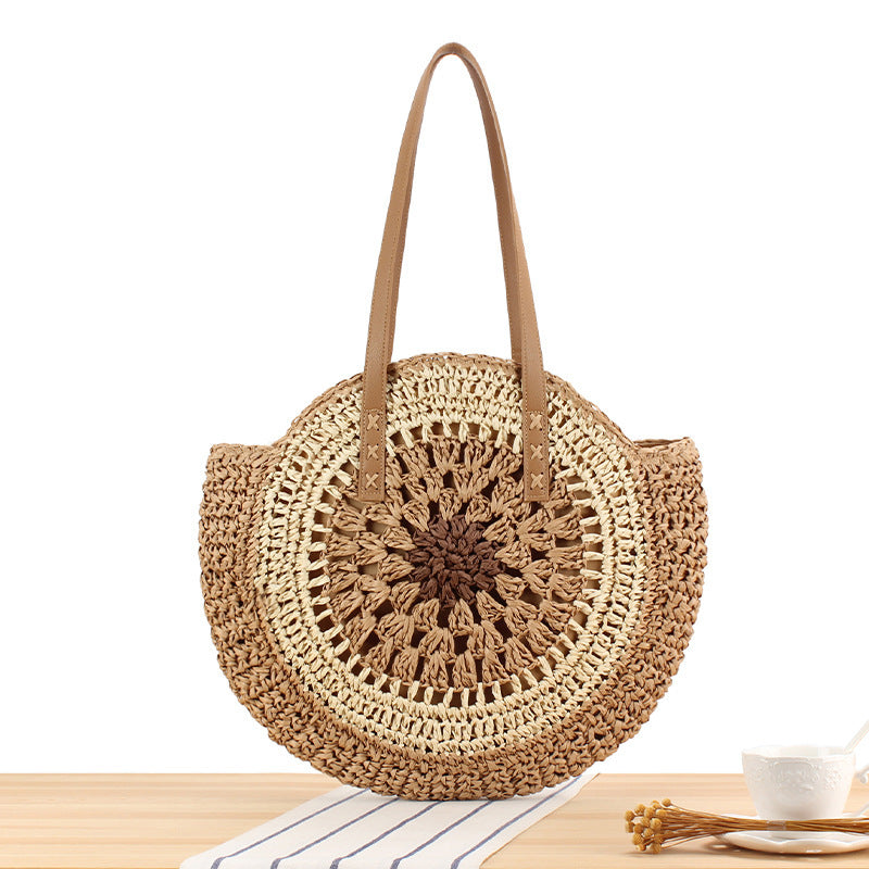 Round Bast Tote Bag with Handwoven Design Bowlift