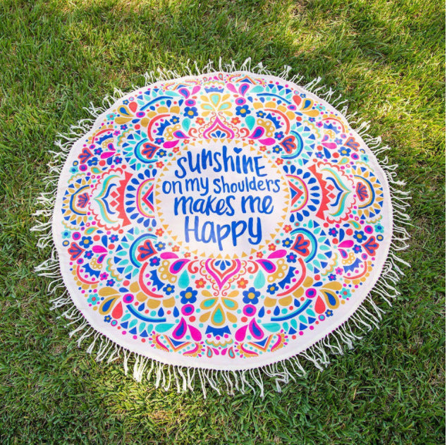 Unisex round beach blanket with colorful mandala design Bowlift