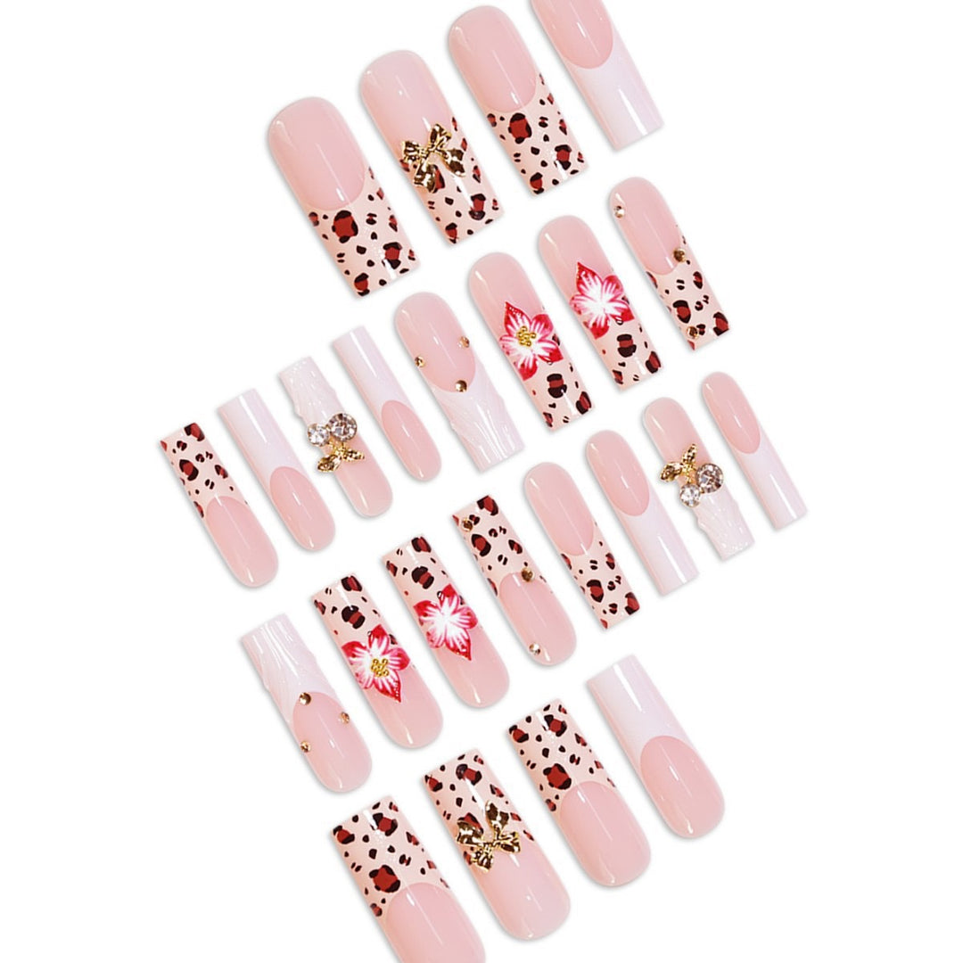 Artistic Acrylic Nail Extensions with Floral and Animal Print Design Bowlift