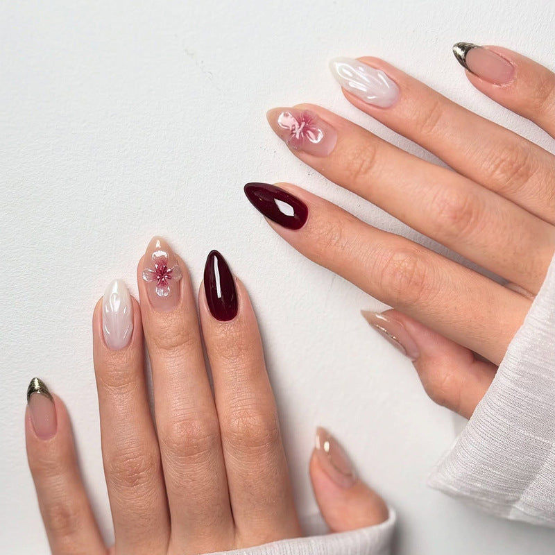 Elegant Artistic Press-On Nail Set with Floral and Glossy Accents Bowlift