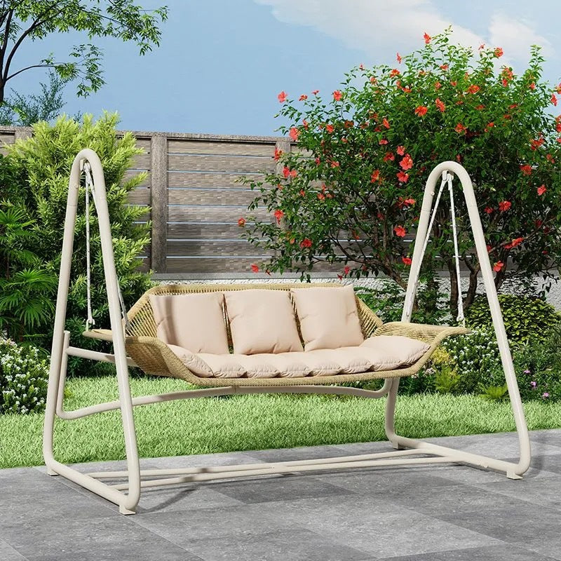 Woven rattan outdoor swing loveseat with padded cushions and powder-coated steel frame Bowlift