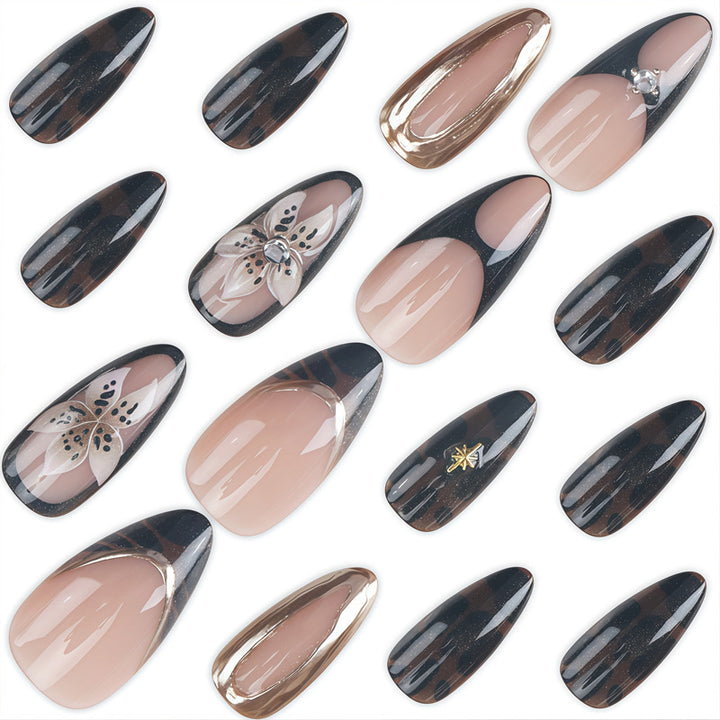 Artistic Press-On Nail Set with Elegant Floral and Abstract Designs Bowlift
