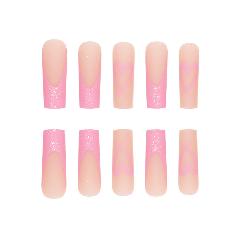 Glittery Heart-Design Long Press-On Nails Bowlift