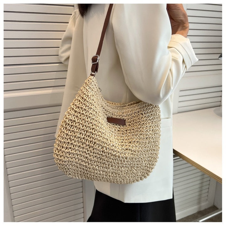 Handwoven shoulder bag with brown leather accent Bowlift