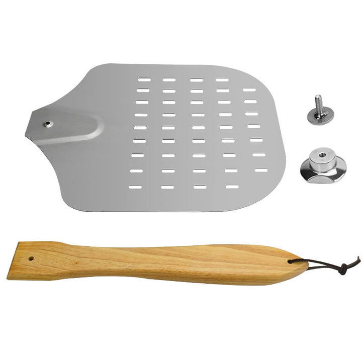 perforated stainless steel pizza peel with ergonomic wooden handle Bowlift