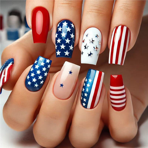 Women's nan patriotic press-on manicure set with mixed star and stripe coffin and square artificial nails Bowlift
