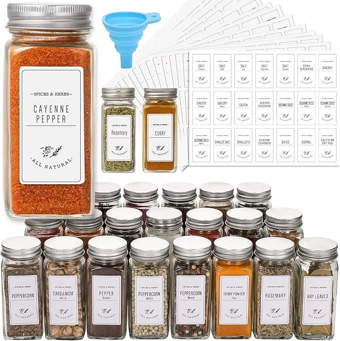 Glass Spice Jar Organization Kit with Labeled Bottles and Filling Funnel Bowlift