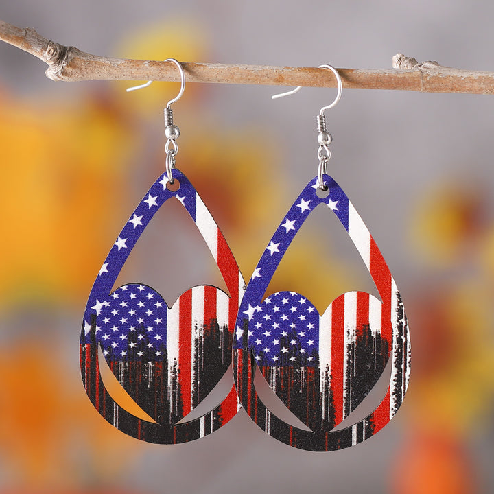 Women's nan patriotic teardrop wooden dangle earrings with star stripe cutout Bowlift