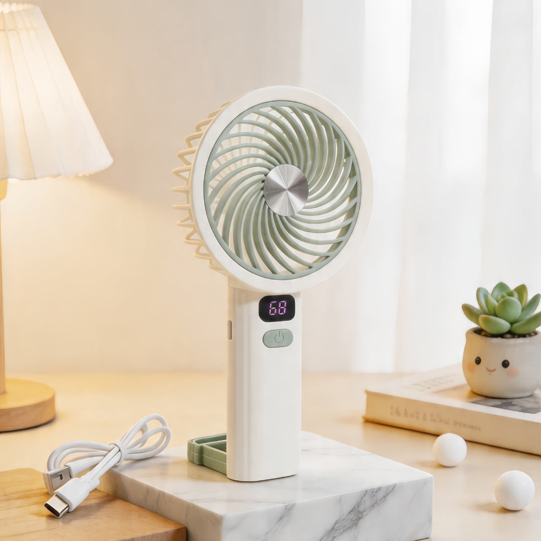 Ladies Portable Hand Fan with LCD Temperature Display and Rechargeable Battery Bowlift