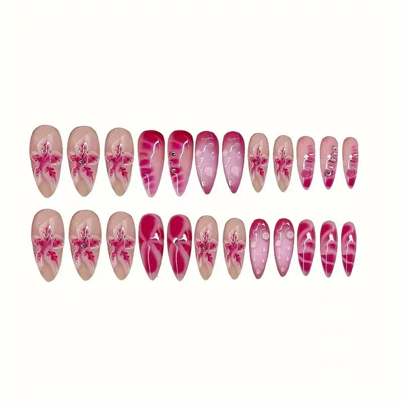 Artistic Stiletto Nail Enhancements with Intricate Floral Design Bowlift