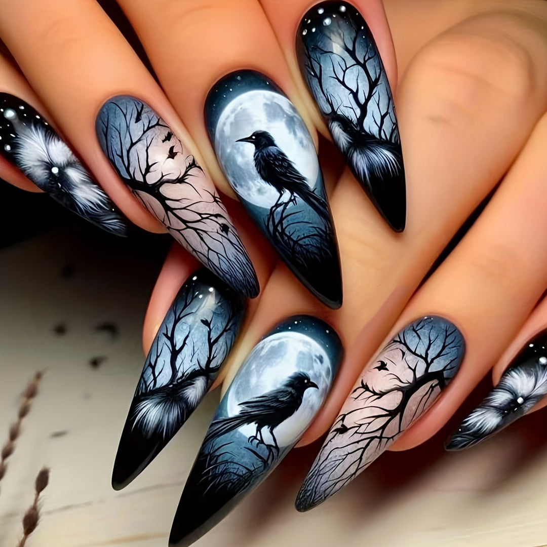 Creative artificial nails with mystical moon and crow design Bowlift