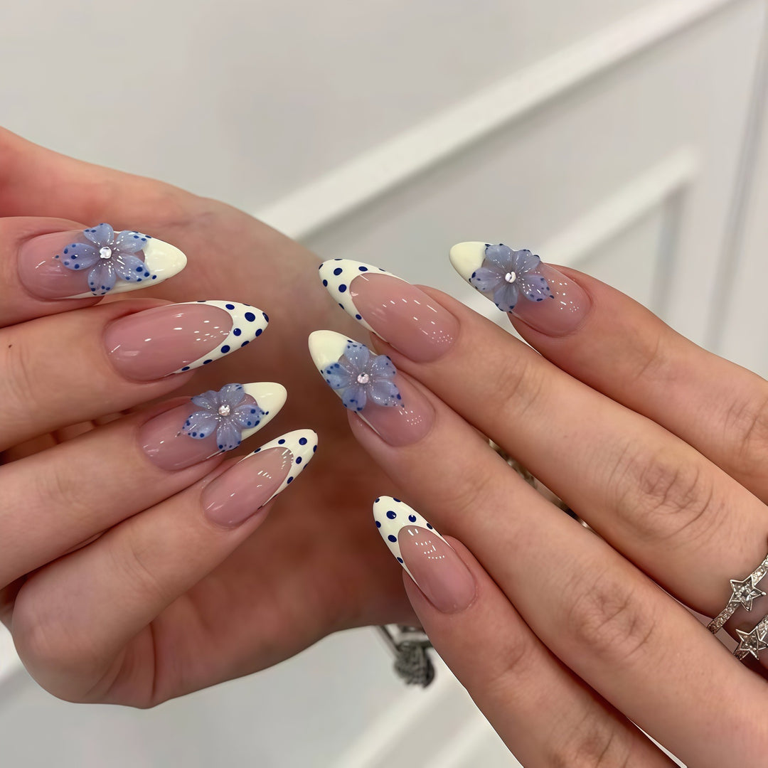 Artistic Floral White Tip Press-On Nails Bowlift