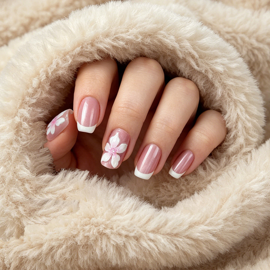 Decorative Floral French Tip Press-On Nails Bowlift