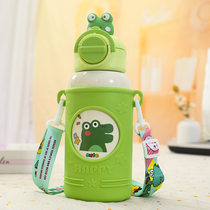 Ladies Insulated Drinking Bottle with Cute Frog Design and Practical Carry Strap Bowlift