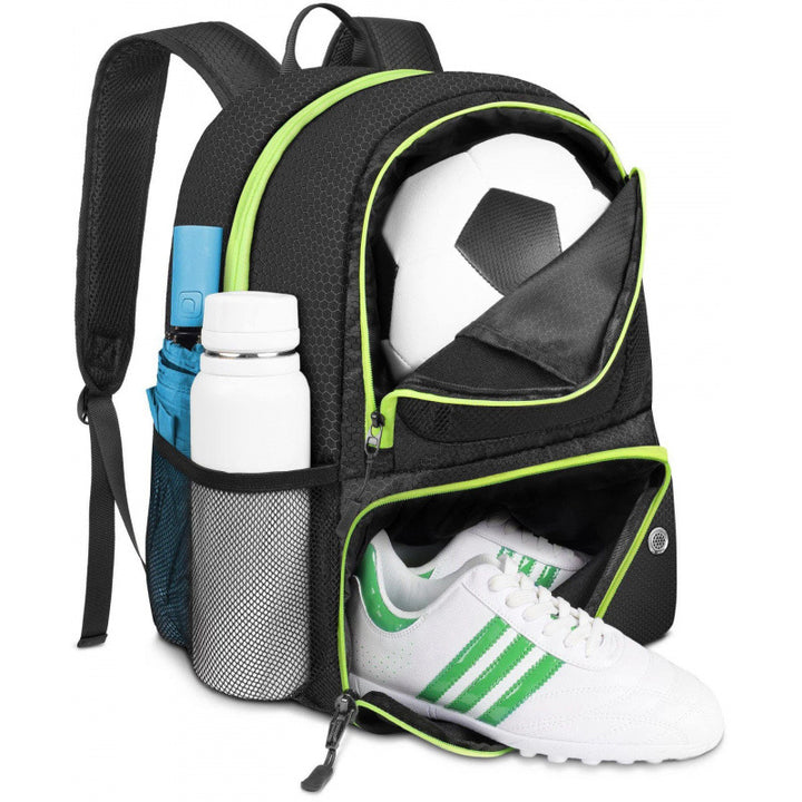 Sporty backpack with compartments for soccer, water bottle, and shoes Bowlift