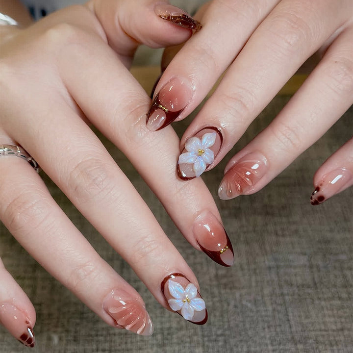 Artificial nail set with floral 3D applications and elegant gradient design Bowlift