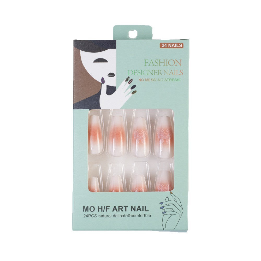 Trendy Artificial Nails with Ombre Effect and Butterfly Designs Bowlift