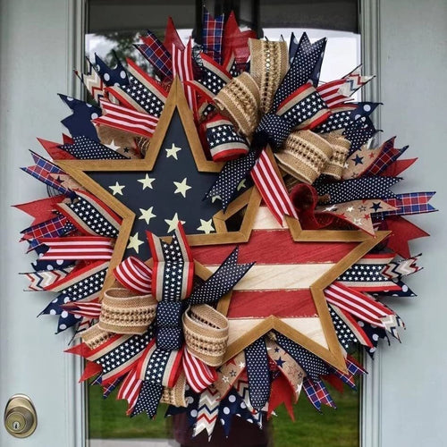 Unisex nan layered star wreath door decor with mixed ribbon bows and wooden accents Bowlift