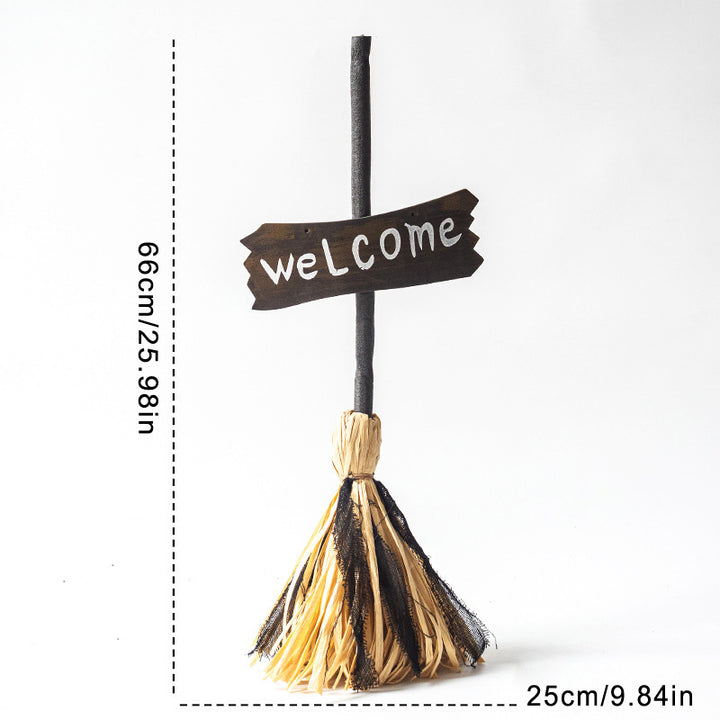 Halloween Welcome Decorative Broom with Rustic Welcome Sign Bowlift