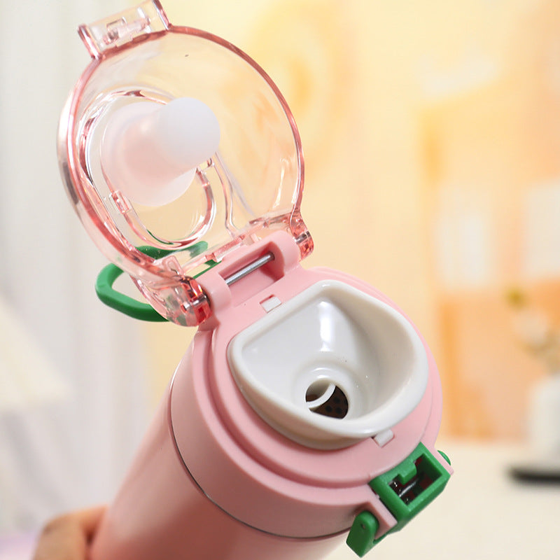 Insulated drinking bottle with innovative leak protection and practical carrying strap Bowlift