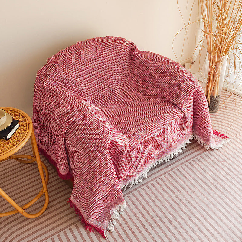 Waffle-Weave Fringed Throw Blanket Bowlift
