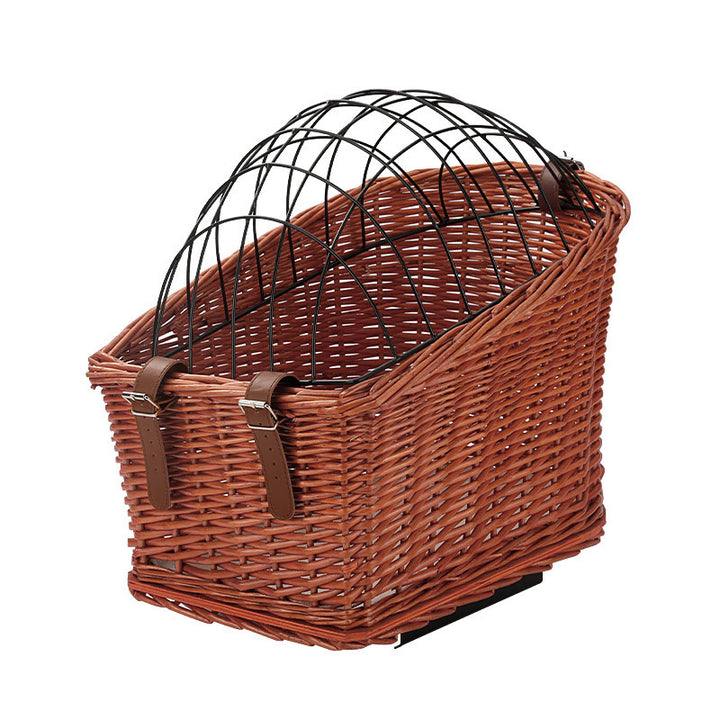 front-mount wicker bicycle pet carrier basket with foldable metal safety dome and adjustable leather buckle straps Bowlift