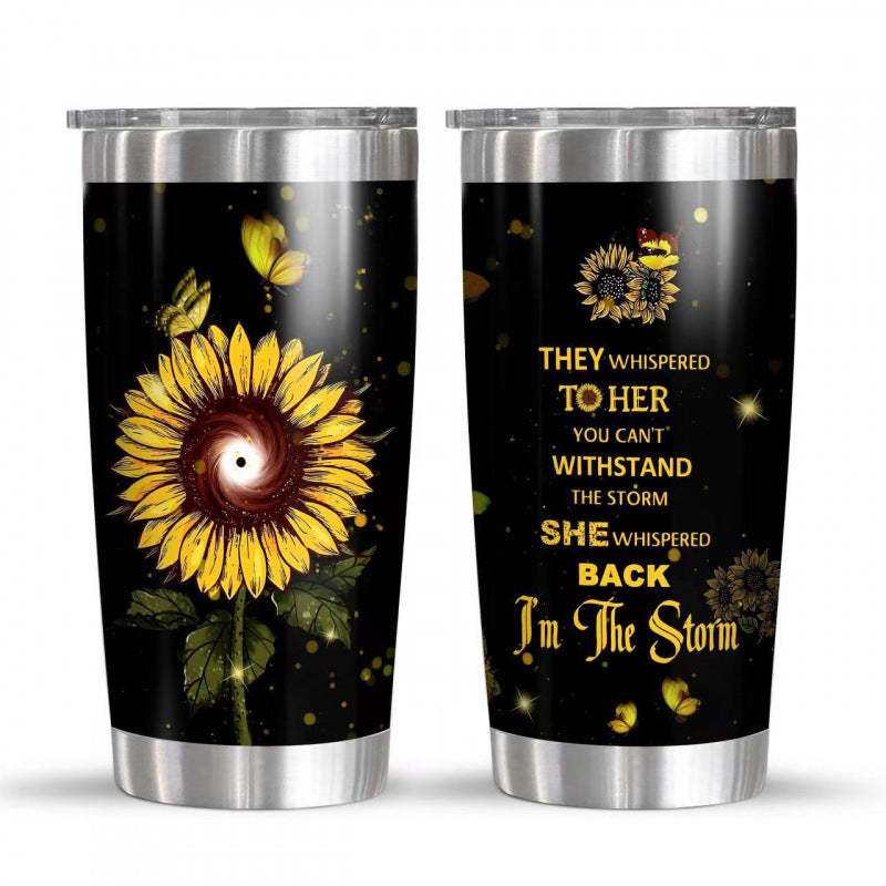 Double-Wall Vacuum Insulated Stainless Steel Travel Tumbler With Spill-Resistant Lid And Printed Cow Sunflower Design