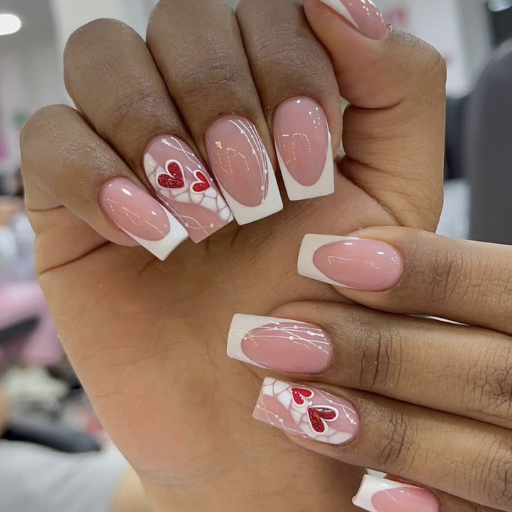 Heart-Embellished Acrylic Nail Art Extensions Bowlift