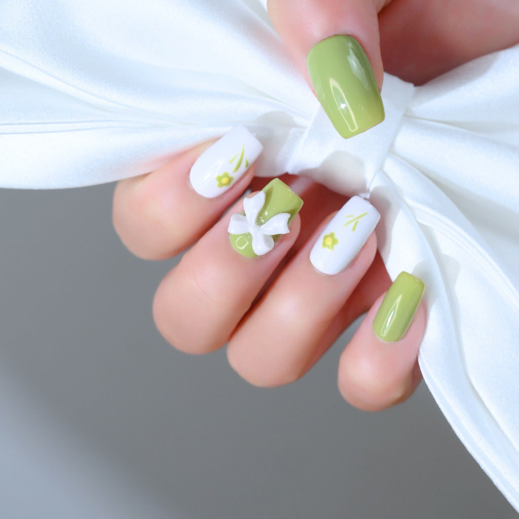 Decorative Press-On Nail Set with Floral Bow Design Bowlift