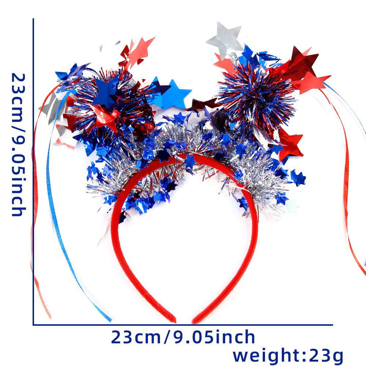 Unisex nan eye-catching party headband with attached pom poms, star tinsel, and small flag pendants Bowlift