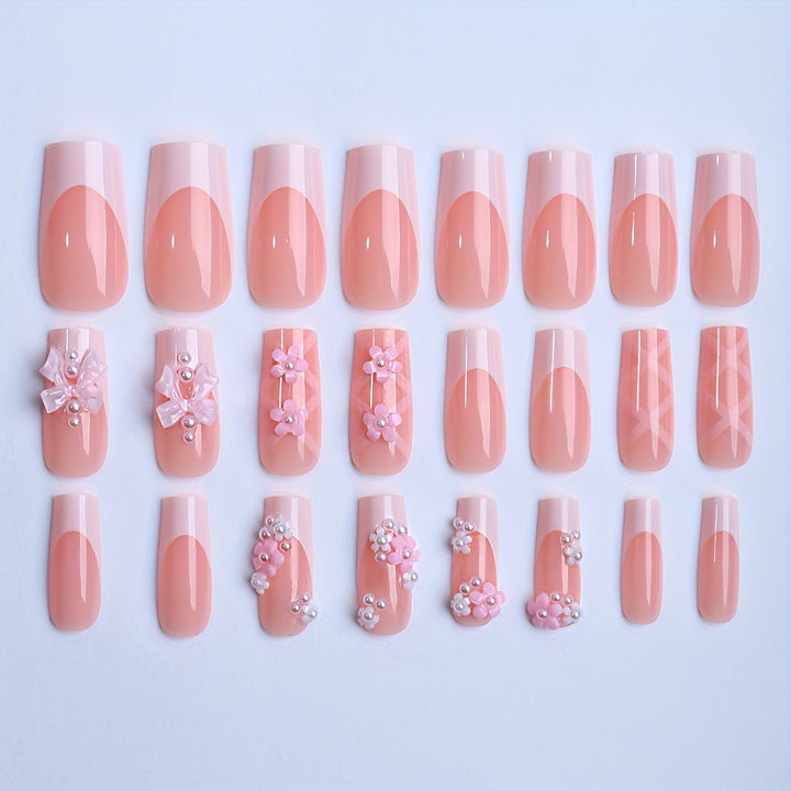 Acrylic nail set with elegant 3D flowers and ribbon decorations Bowlift