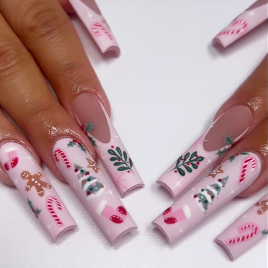 Festive Holiday-Themed Long Press-On Nails Bowlift