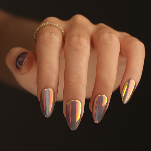 Shiny stiletto nails with exciting design Bowlift