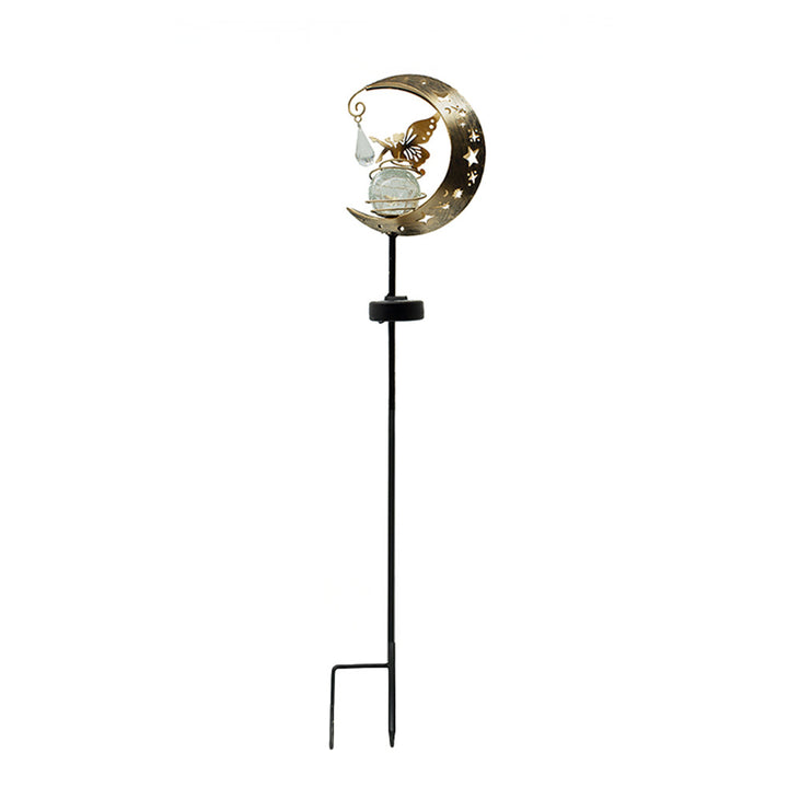 Decorative Crescent Moon Solar Garden Stake Lamp With Hanging Crystal Orb And Butterfly Bowlift