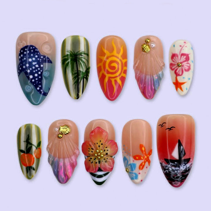Artistic Coastal Themed Press-On Nail Set Bowlift