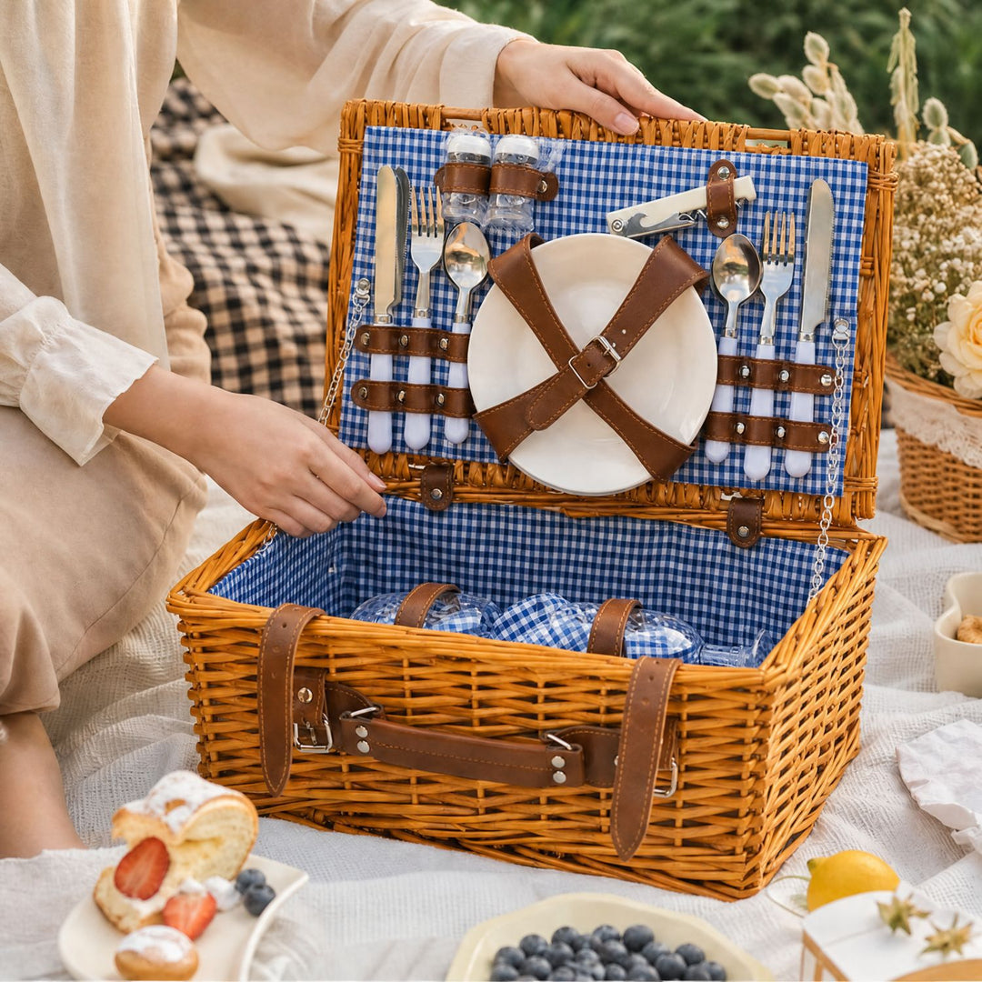 Ladies Luxury Picnic Basket with Offset Dish Compartment and Floral Lining Bowlift