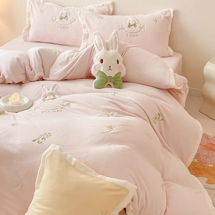 Embroidered Plush Bunny Comforter Bedding Set with Decorative Pillow Shams