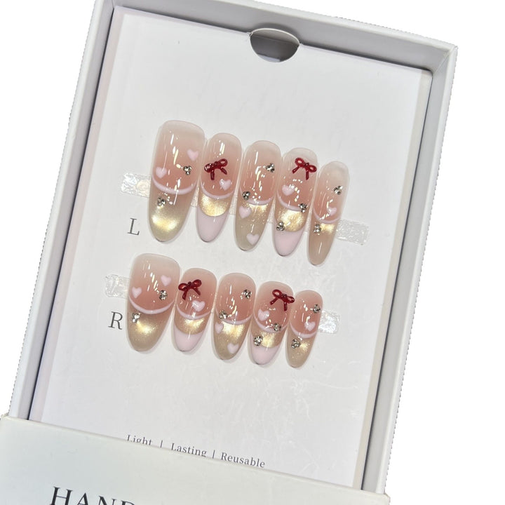 Decorative Press-On Nail Set with Heart and Bow Accents Bowlift