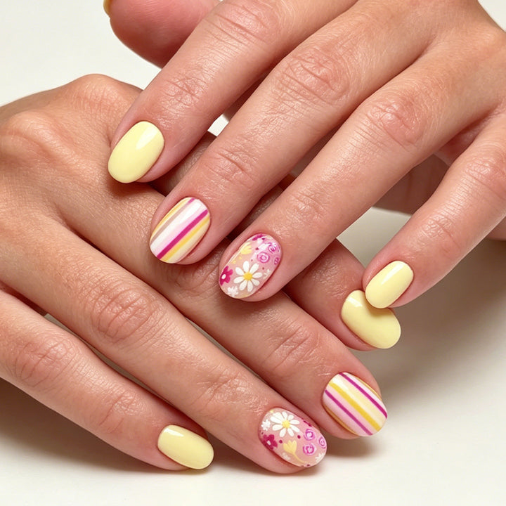 Artistic Floral and Striped Press-On Nail Art Bowlift