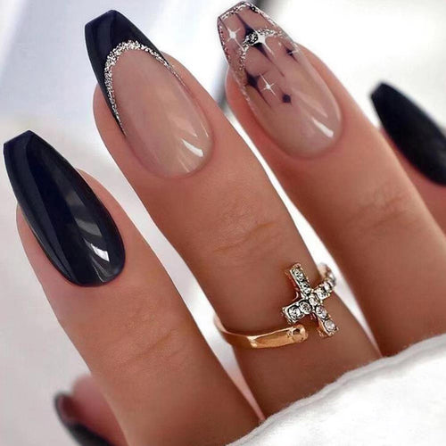 Elegant and artistic stiletto artificial nails with glitter embellishments Bowlift