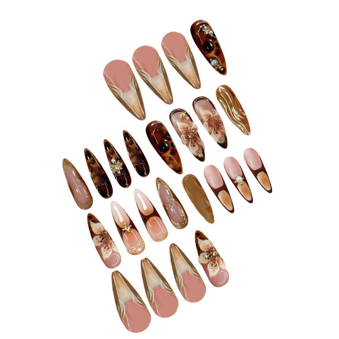 Decorative Stiletto Press-On Nails with Floral and Metallic Accents Bowlift