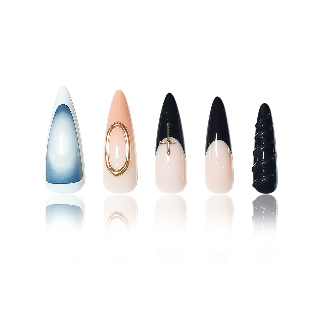 Elegant Stiletto Nail Enhancements with Unique Accents Bowlift