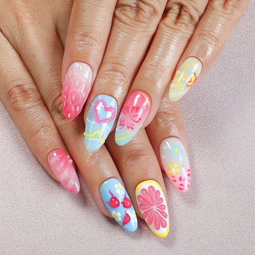 Creative nail art set with playful floral design and glitter effects Bowlift