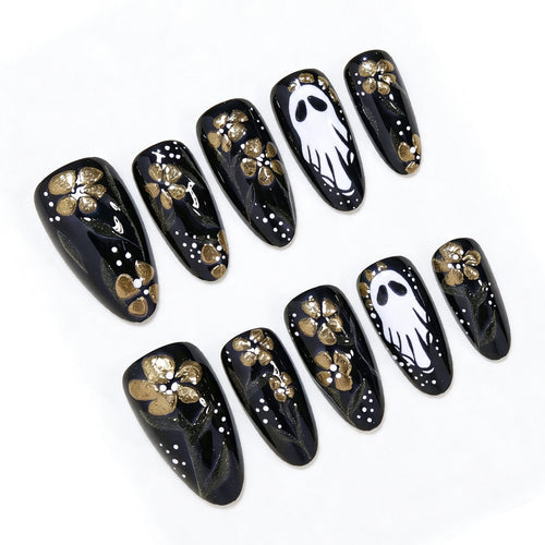 Artistic Ghost and Floral Theme Press-On Nail Art Bowlift
