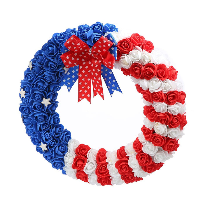 Unisex nan decorative foam rose door wreath with star appliqués and bow accent Bowlift