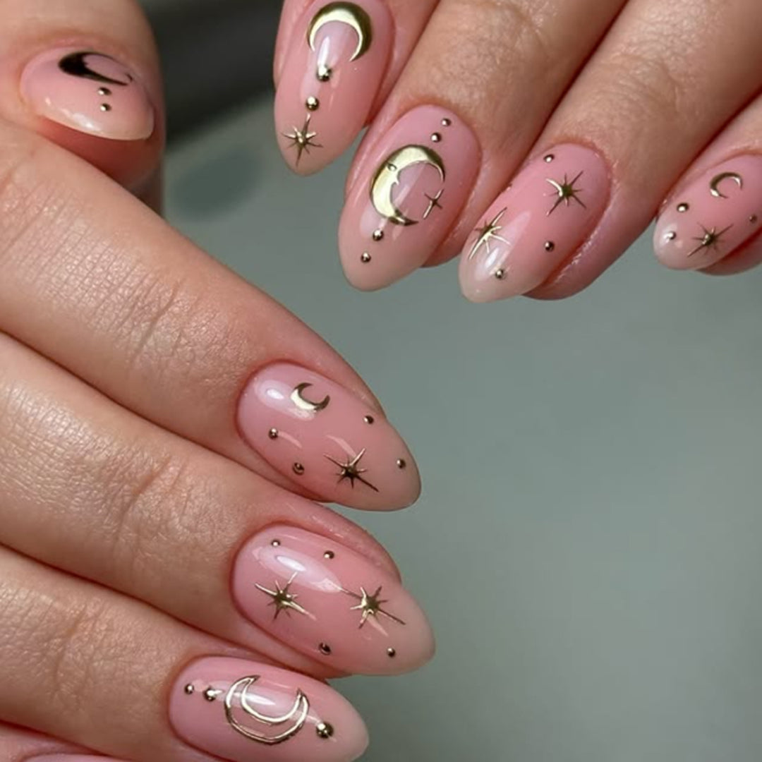 Artful Nail Extensions with Moon-Shaped and Star-Shaped Decorations Bowlift