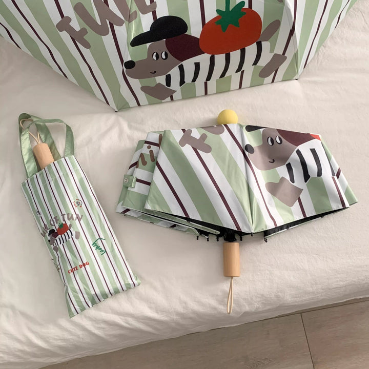 Ladies elegant folding umbrella with ergonomic wooden handle and protective carrying case Bowlift