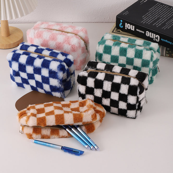 Faux Fur Checkered Zipper Makeup Organizer Pouch Bowlift