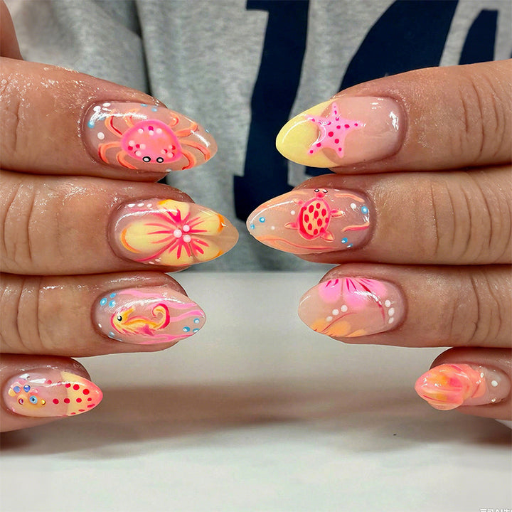 Artistic Press-On Nail Set with Floral and Colorful Designs Bowlift