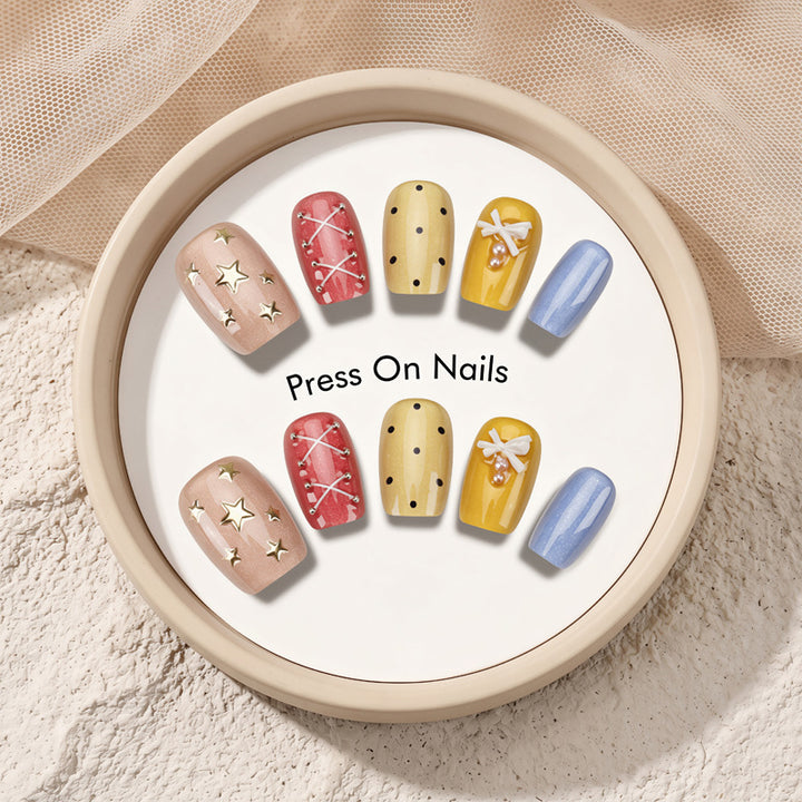 Decorative Press-On Nail Set with Star and Bow Designs Bowlift